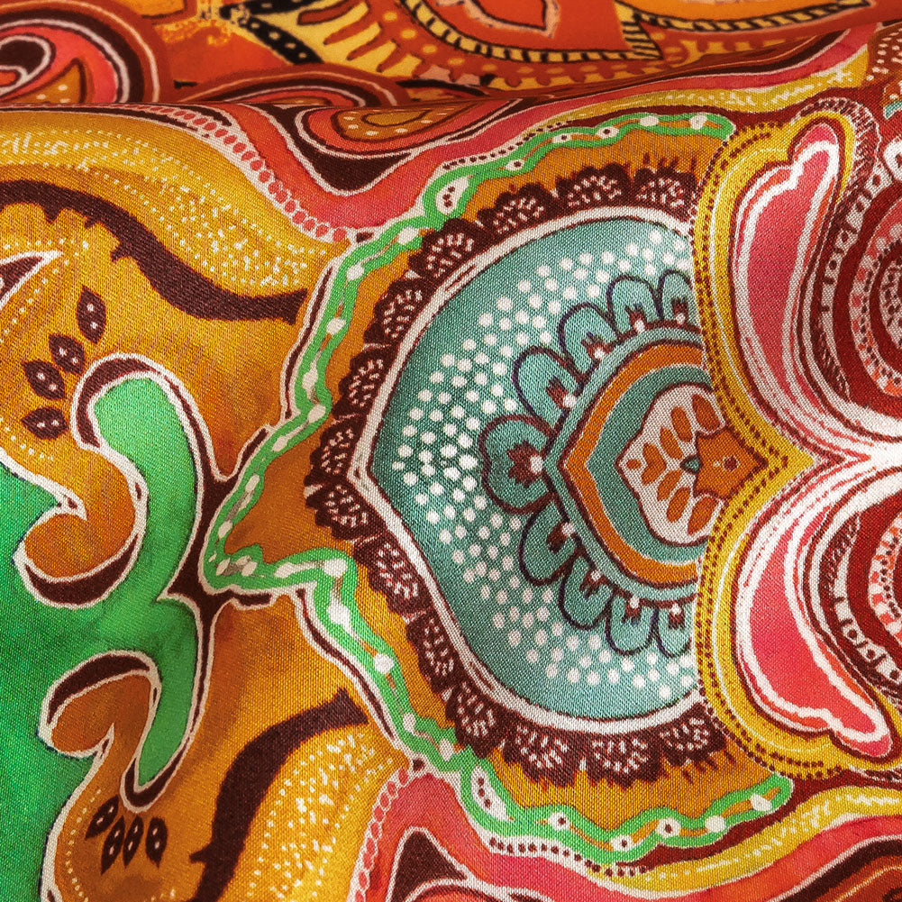 Mood Exclusive Italian Vibrant Green, Red and Orange Floral Tile Silk Charmeuse - Detail