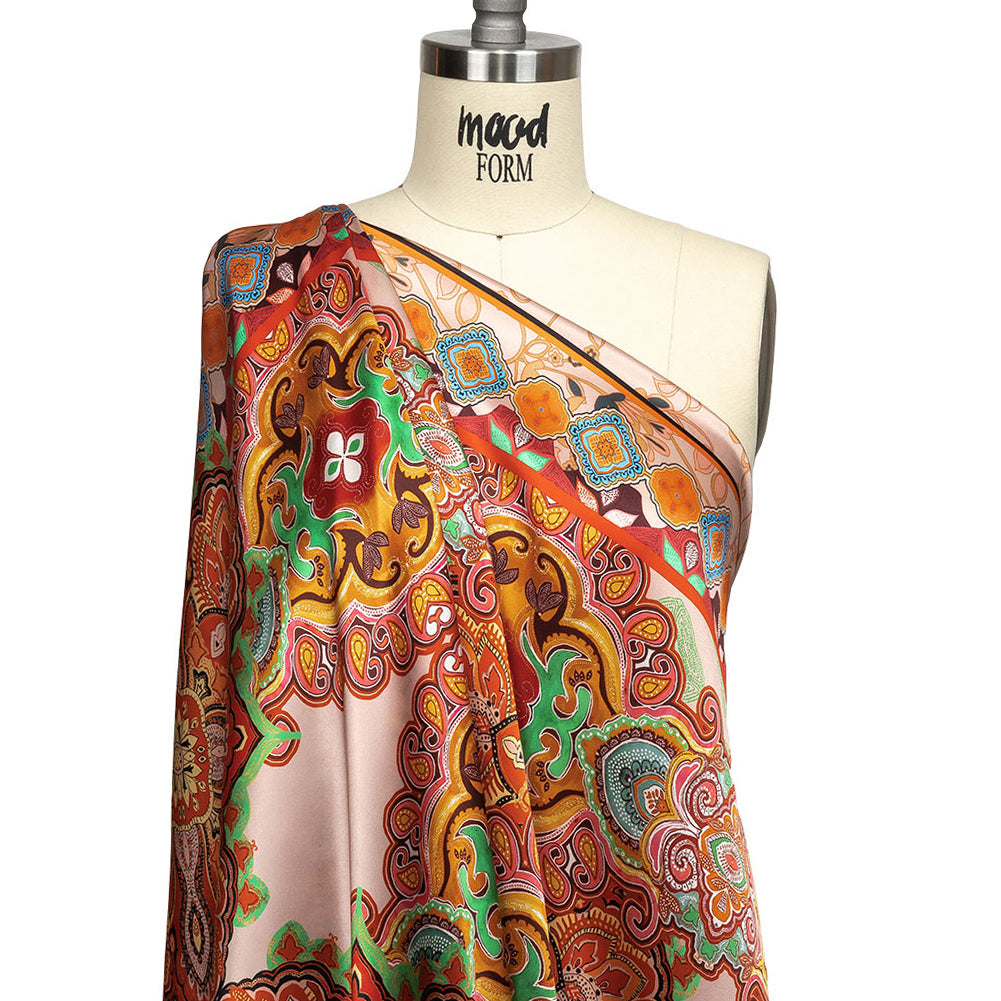 Mood Exclusive Italian Vibrant Green, Red and Orange Floral Tile Silk Charmeuse - Drape