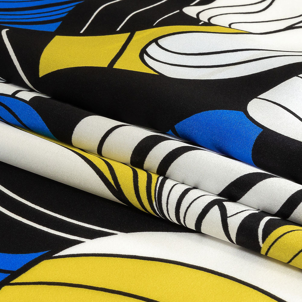 Mood Exclusive Italian Blue, Black and Yellow Art Nouveau Flowers Border Print Silk Charmeuse - Folded