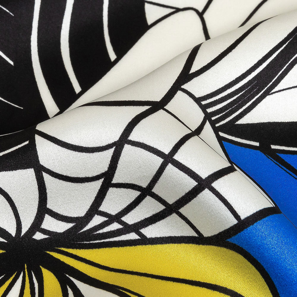 Mood Exclusive Italian Blue, Black and Yellow Art Nouveau Flowers Border Print Silk Charmeuse - Detail