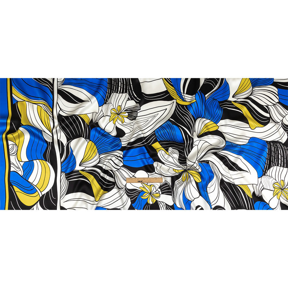Mood Exclusive Italian Blue, Black and Yellow Art Nouveau Flowers Border Print Silk Charmeuse - Full