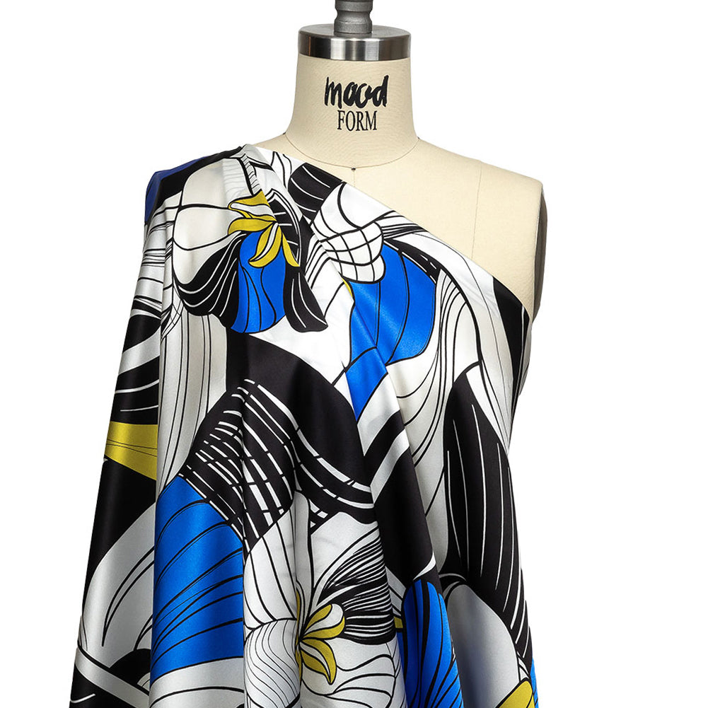 Mood Exclusive Italian Blue, Black and Yellow Art Nouveau Flowers Border Print Silk Charmeuse - Drape