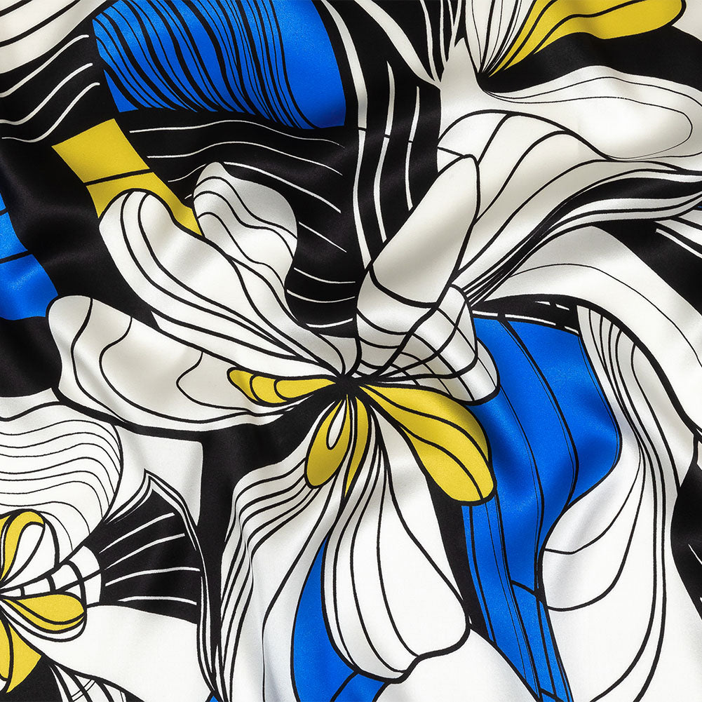 Mood Exclusive Italian Blue, Black and Yellow Art Nouveau Flowers Border Print Silk Charmeuse