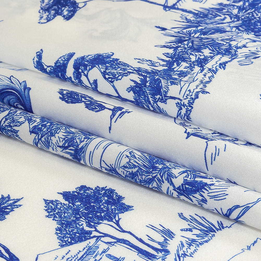 Mood Exclusive Italian Blue and Cloud Dancer Elegant Toile Silk Charmeuse - Folded
