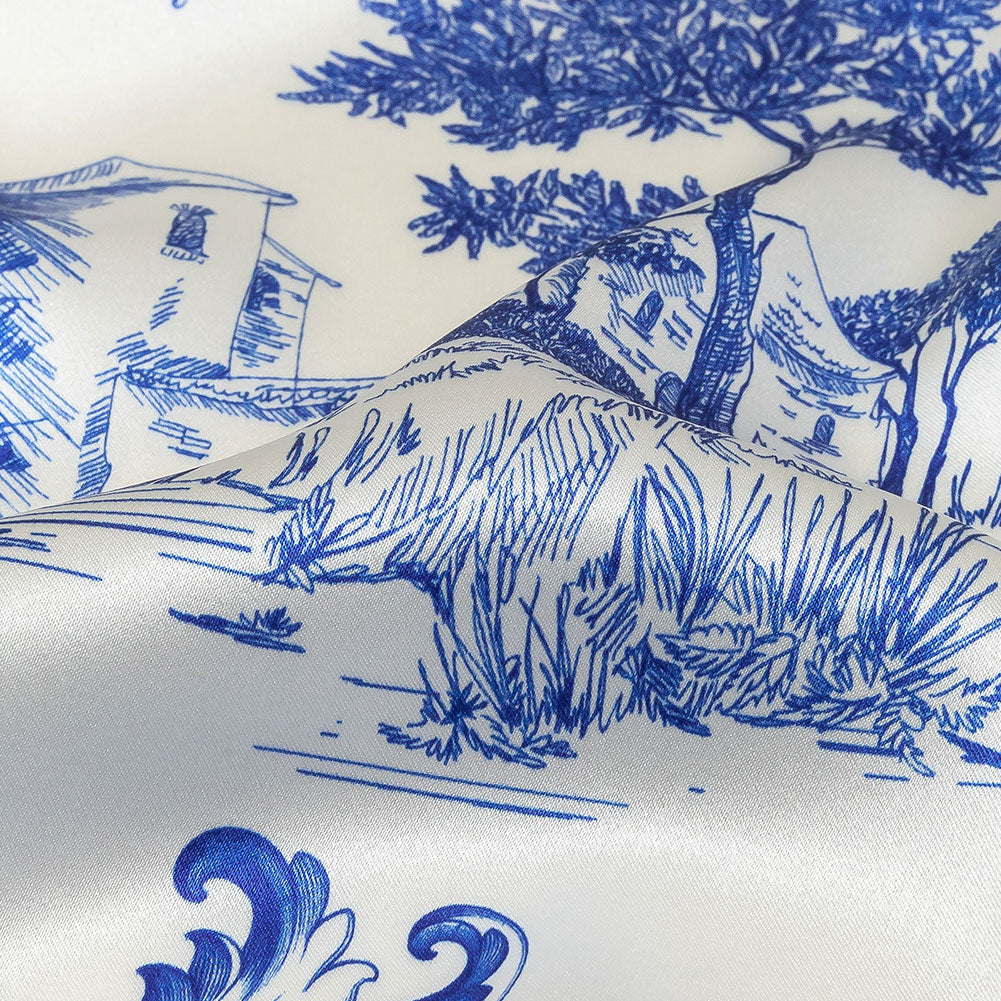 Mood Exclusive Italian Blue and Cloud Dancer Elegant Toile Silk Charmeuse - Detail