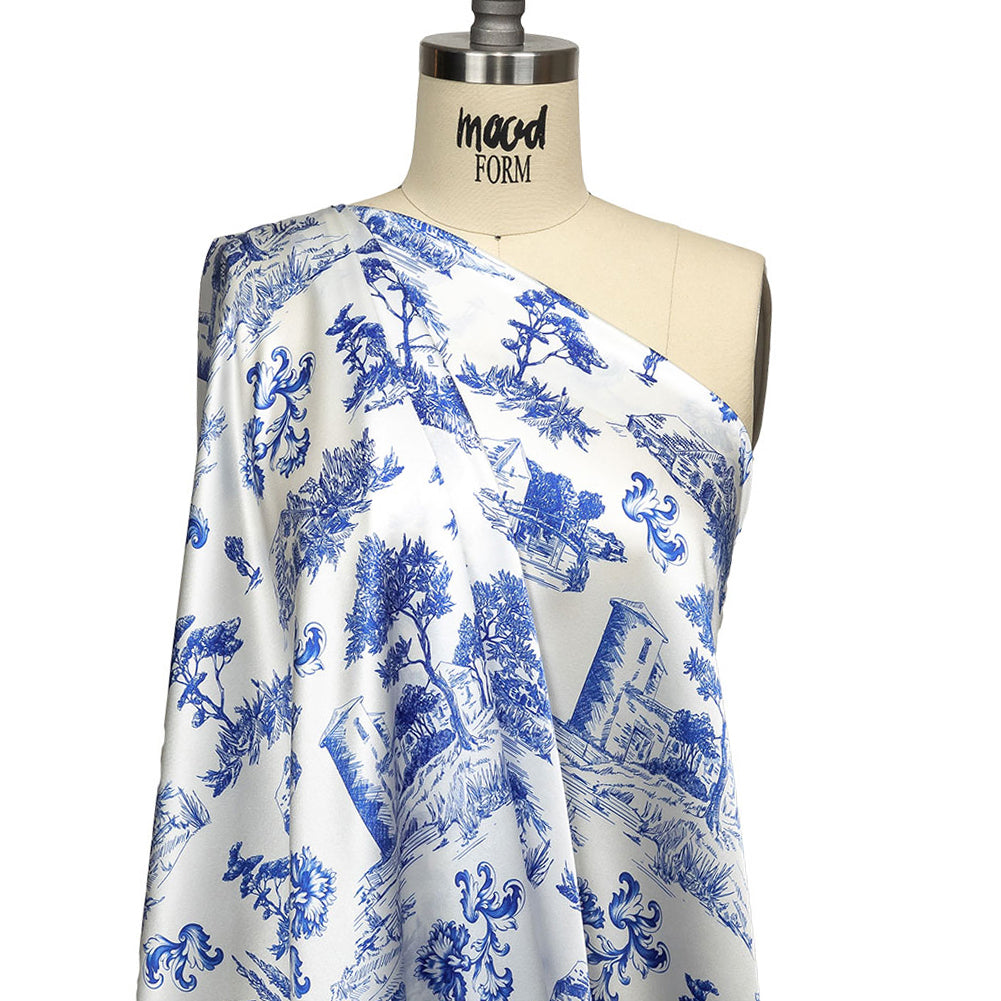 Mood Exclusive Italian Blue and Cloud Dancer Elegant Toile Silk Charmeuse - Drape