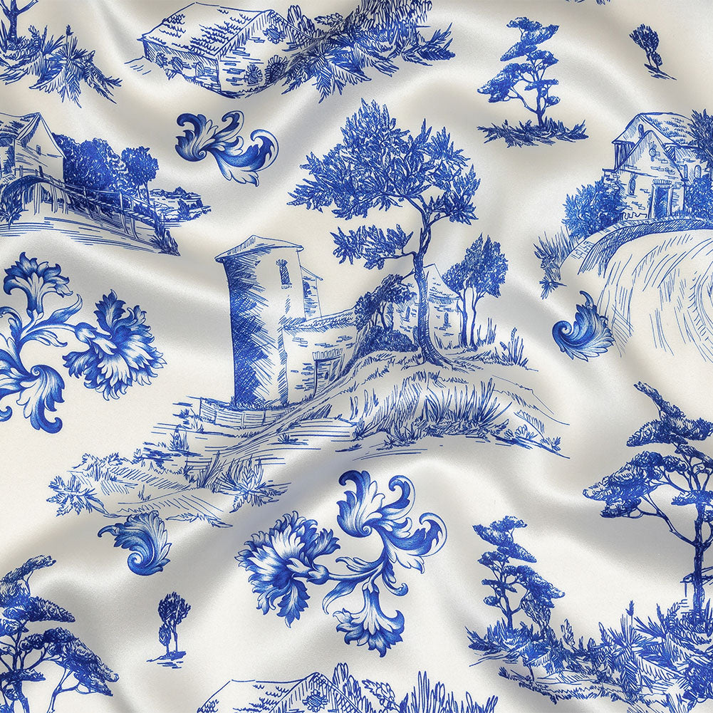 Mood Exclusive Italian Blue and Cloud Dancer Elegant Toile Silk Charmeuse