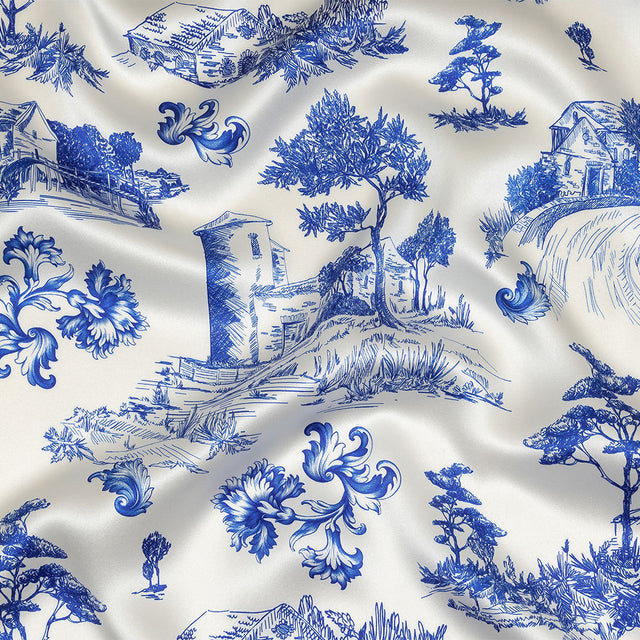 Mood Exclusive Italian Blue and Cloud Dancer Elegant Toile Silk Charmeuse