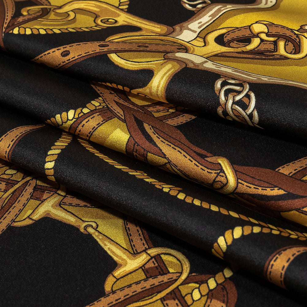 Mood Exclusive Italian Black, Yellow and Brown Bridles and Reins Silk Charmeuse Panel - Folded