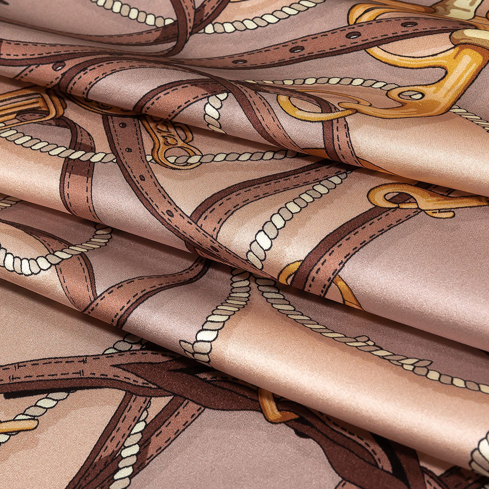 Mood Exclusive Italian Beige, Taupe and Gold Bridles and Reins Silk Charmeuse Panel - Folded