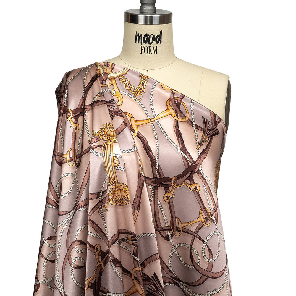 Mood Exclusive Italian Beige, Taupe and Gold Bridles and Reins Silk Charmeuse Panel - Drape