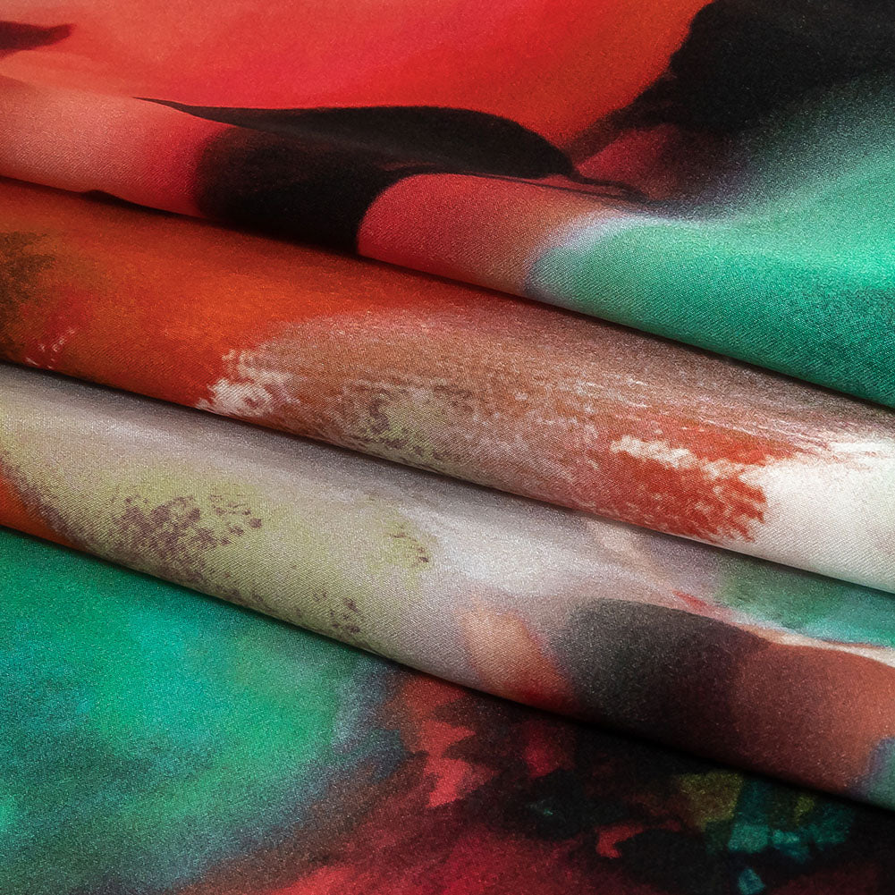 Mood Exclusive Italian Red, Turquoise and White Watercolor Floral Silk Charmeuse - Folded