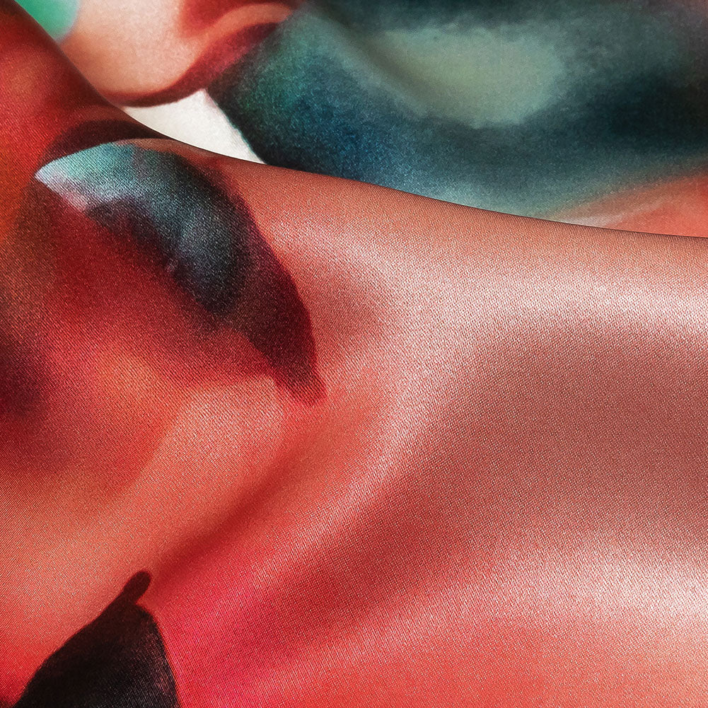 Mood Exclusive Italian Red, Turquoise and White Watercolor Floral Silk Charmeuse - Detail