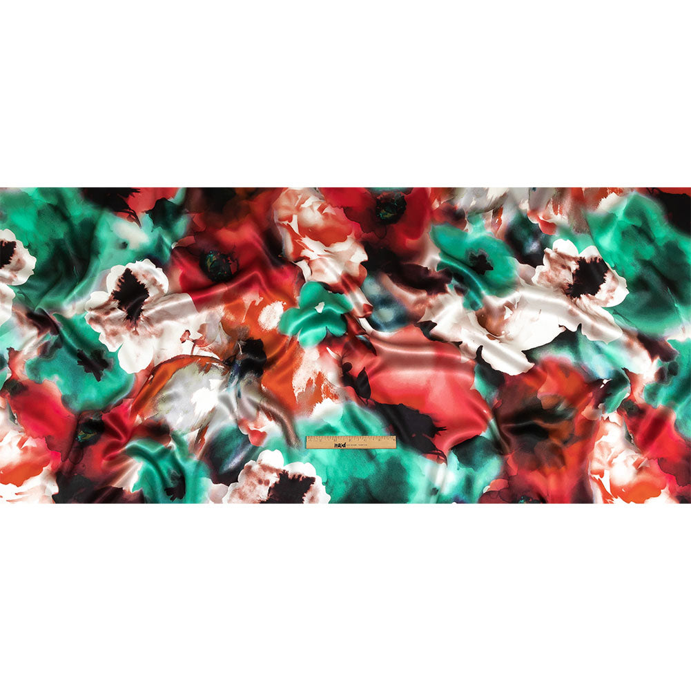 Mood Exclusive Italian Red, Turquoise and White Watercolor Floral Silk Charmeuse - Full