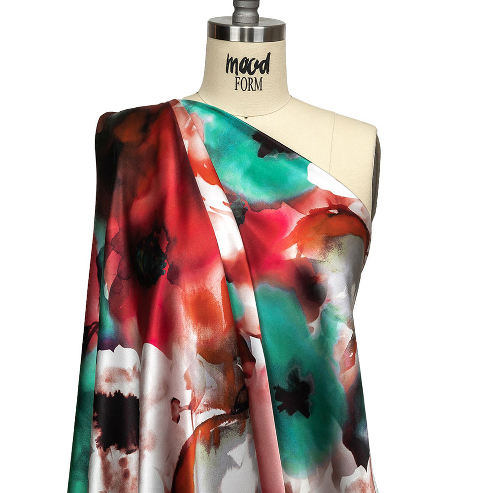 Mood Exclusive Italian Red, Turquoise and White Watercolor Floral Silk Charmeuse - Drape