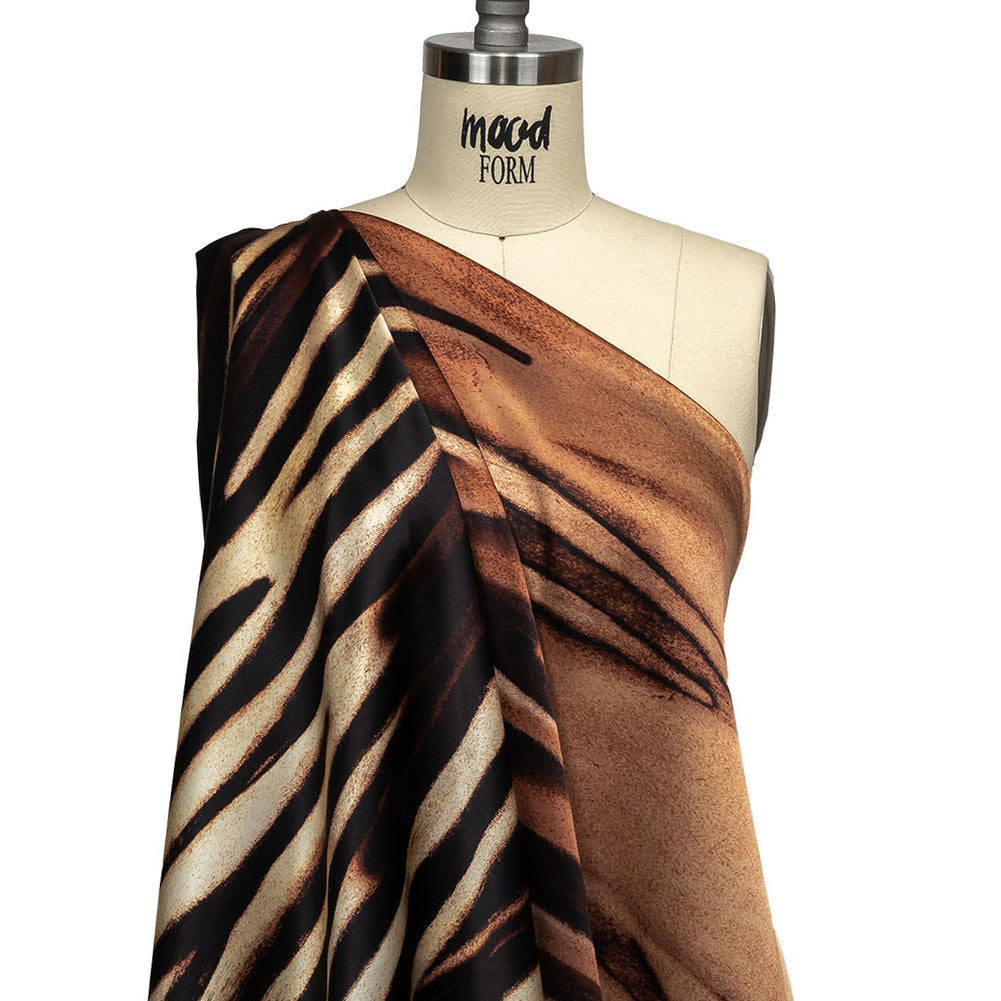 Mood Exclusive Italian Black, White and Brown Abstracted Zebra Border Printed Silk Charmeuse - Drape