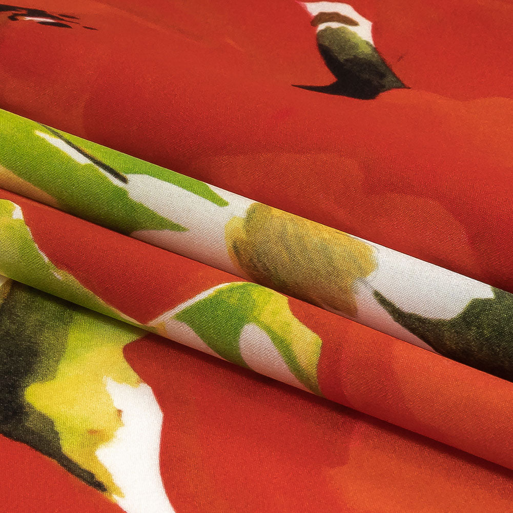 Mood Exclusive Italian Red, Yellow and Green Poppies and Daisies Silk Charmeuse - Folded