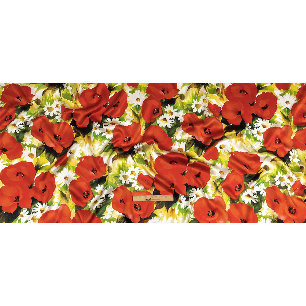Mood Exclusive Italian Red, Yellow and Green Poppies and Daisies Silk Charmeuse - Full