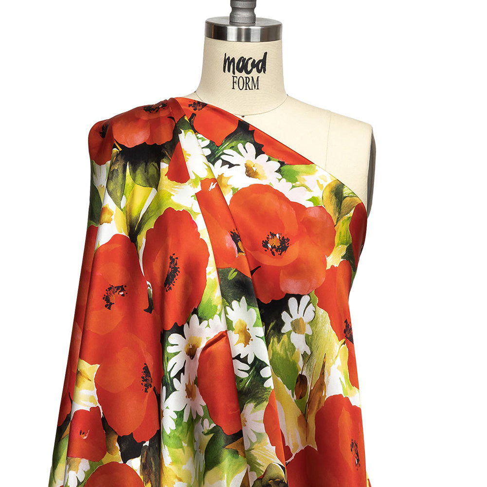 Mood Exclusive Italian Red, Yellow and Green Poppies and Daisies Silk Charmeuse - Drape