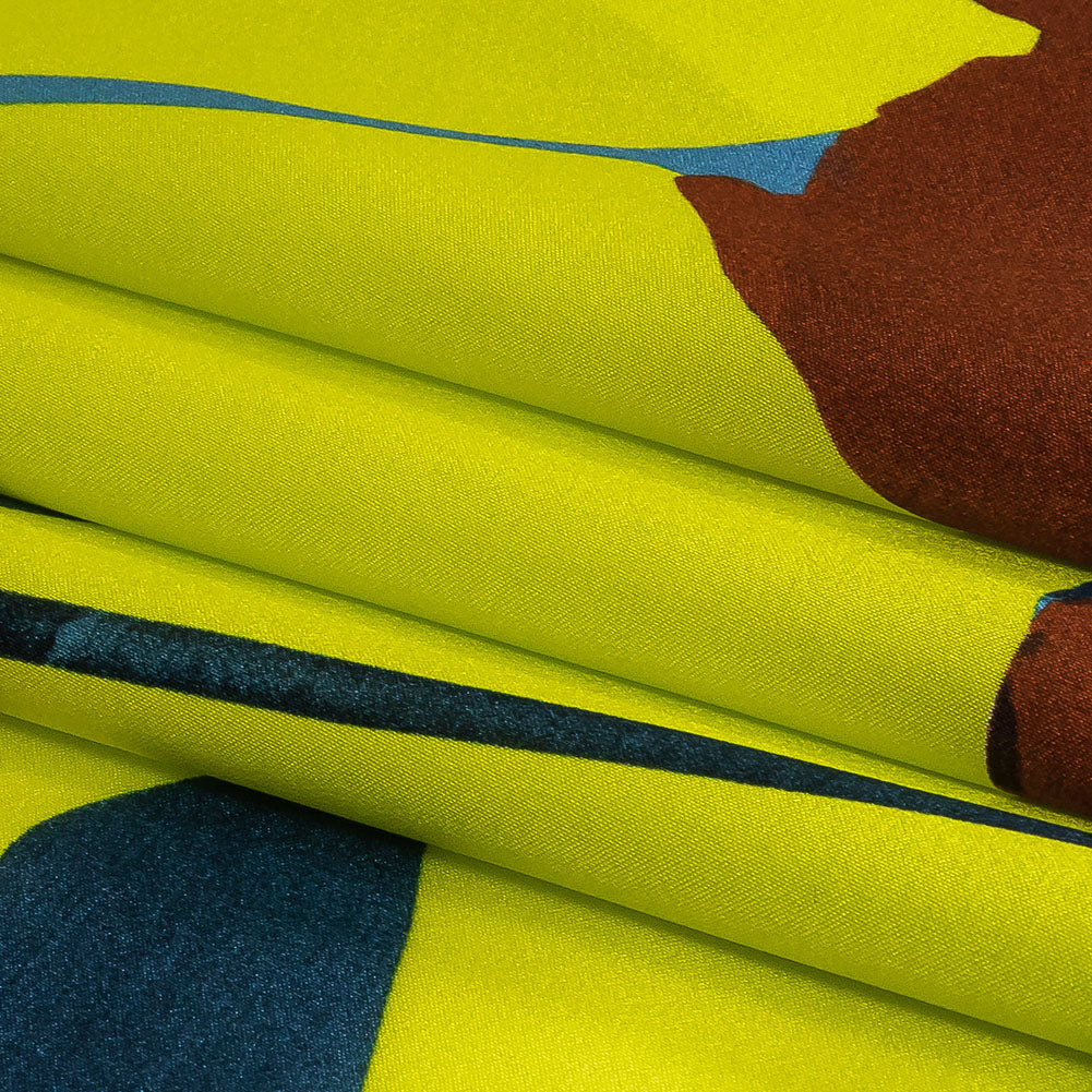 Mood Exclusive Italian Yellow, Steel Blue and Russet Abstract Roses Silk Charmeuse - Folded