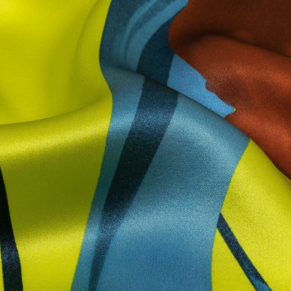 Mood Exclusive Italian Yellow, Steel Blue and Russet Abstract Roses Silk Charmeuse - Detail