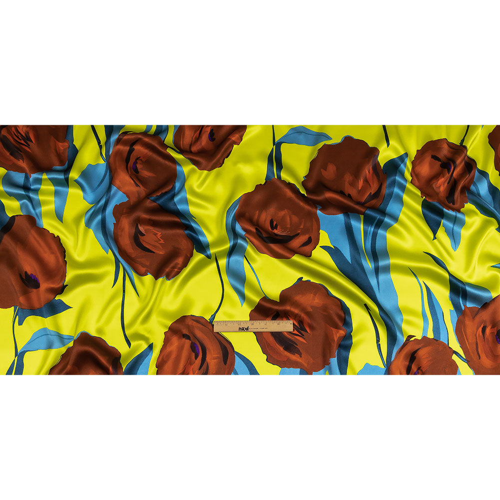 Mood Exclusive Italian Yellow, Steel Blue and Russet Abstract Roses Silk Charmeuse - Full