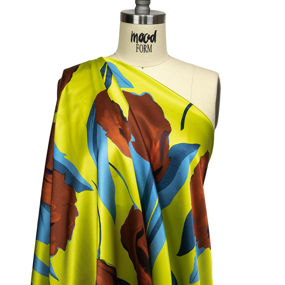 Mood Exclusive Italian Yellow, Steel Blue and Russet Abstract Roses Silk Charmeuse - Drape