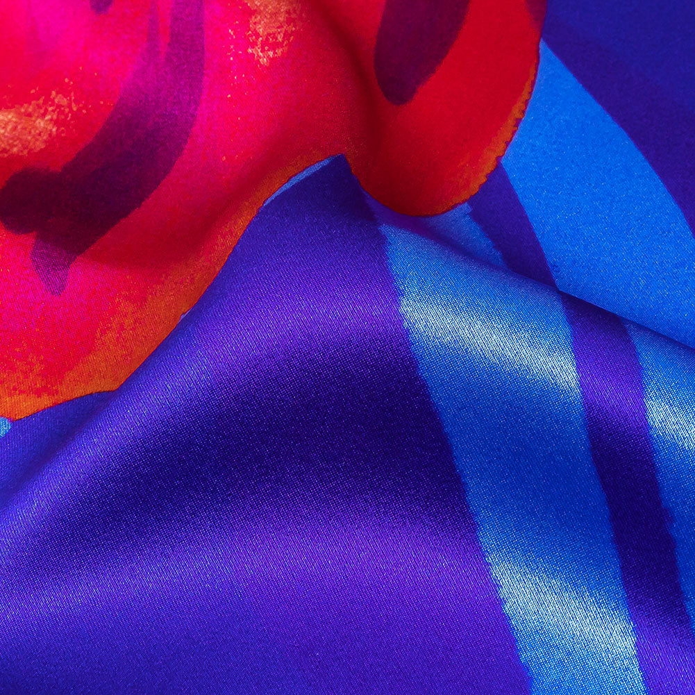 Mood Exclusive Italian Navy, Ultramarine and Magenta Abstract Roses Silk Charmeuse - Detail