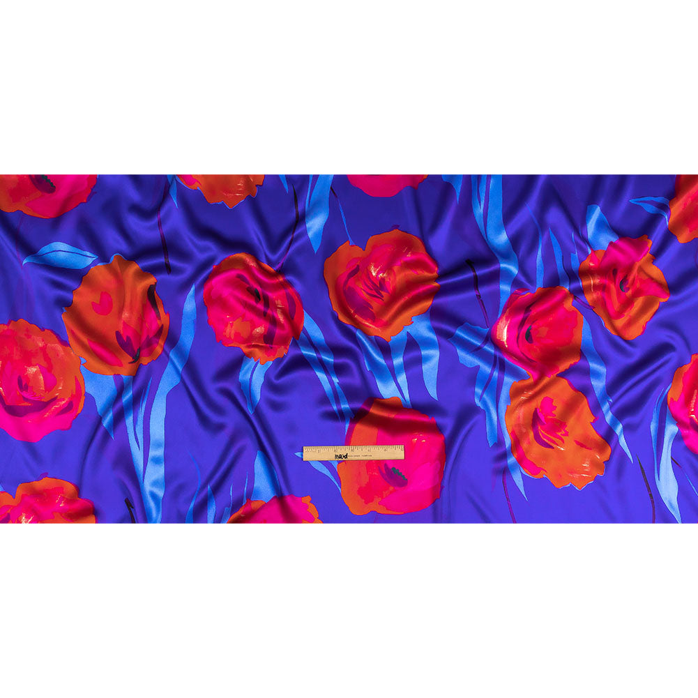 Mood Exclusive Italian Navy, Ultramarine and Magenta Abstract Roses Silk Charmeuse - Full