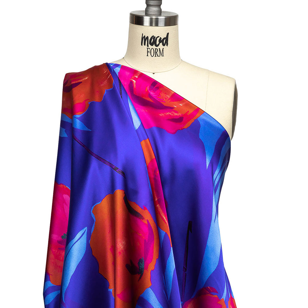 Mood Exclusive Italian Navy, Ultramarine and Magenta Abstract Roses Silk Charmeuse - Drape