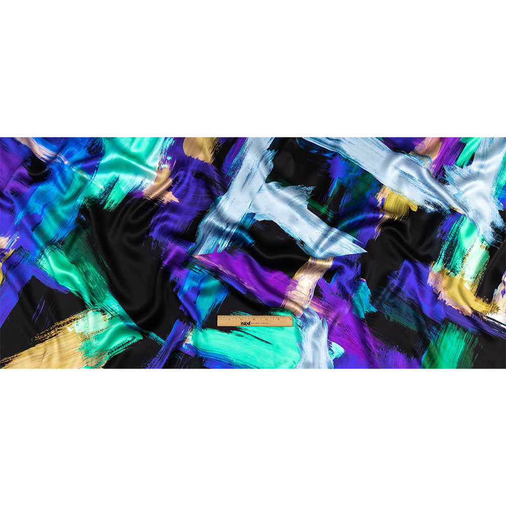Mood Exclusive Italian Black, Mint and Purple Painterly Abstraction Silk Charmeuse - Full
