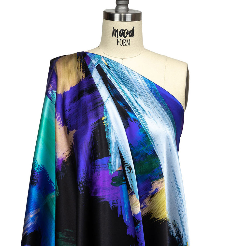 Mood Exclusive Italian Black, Mint and Purple Painterly Abstraction Silk Charmeuse - Drape