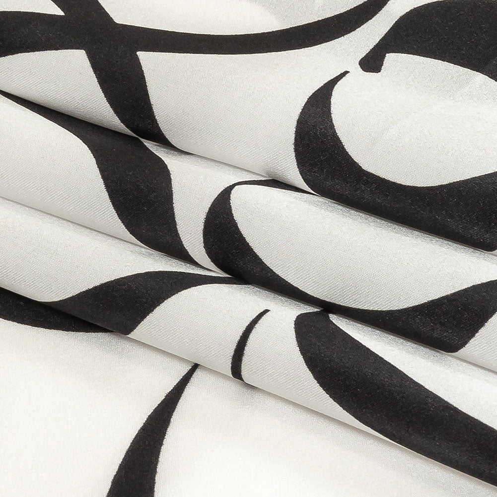 Mood Exclusive Italian Blanc de Blanc and Caviar Calligraphic Squiggles Silk Charmeuse - Folded