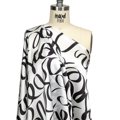 Mood Exclusive Italian Blanc de Blanc and Caviar Calligraphic Squiggles Silk Charmeuse