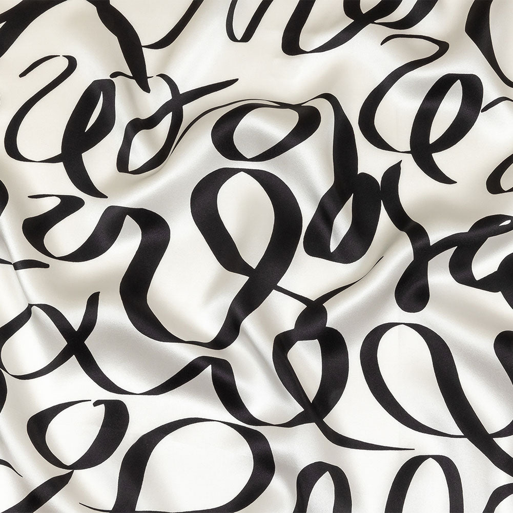 Mood Exclusive Italian Blanc de Blanc and Caviar Calligraphic Squiggles Silk Charmeuse