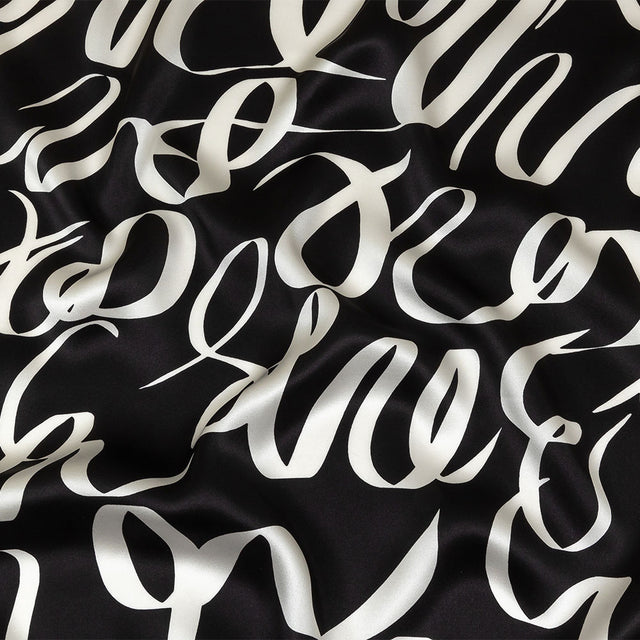 Mood Exclusive Italian Black Bean and White Calligraphic Squiggles Silk Charmeuse