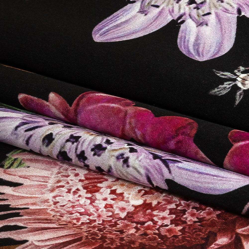 Mood Exclusive Italian Black, Pink and Green Floral Silk Charmeuse - Folded