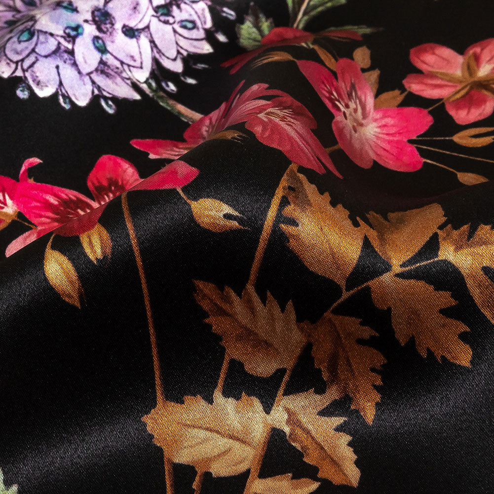 Mood Exclusive Italian Black, Pink and Green Floral Silk Charmeuse - Detail