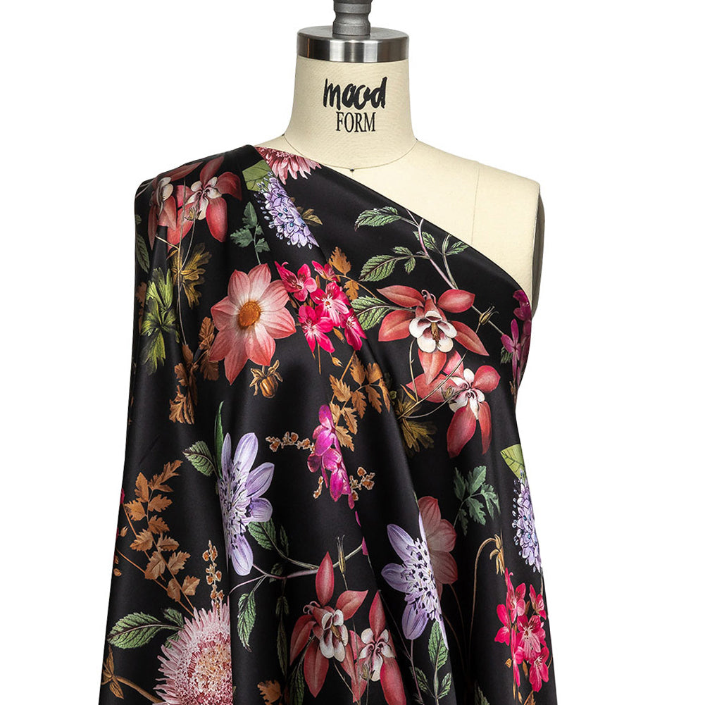 Mood Exclusive Italian Black, Pink and Green Floral Silk Charmeuse - Drape