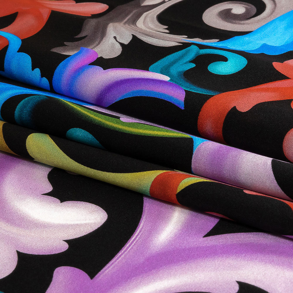 Mood Exclusive Italian Black and Rainbow Ornate Swirls Silk Charmeuse - Folded