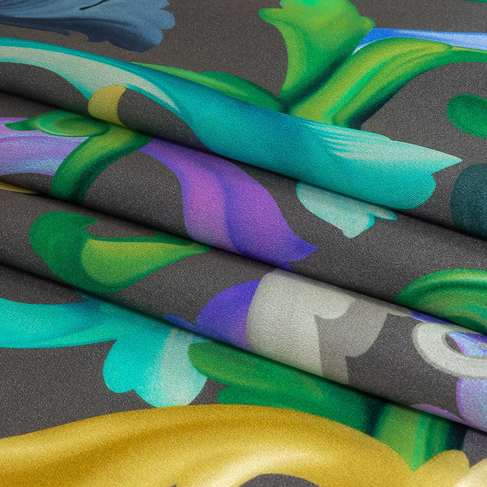 Mood Exclusive Italian Charcoal, Gold and Bougainvillea Ornate Swirls Silk Charmeuse - Folded