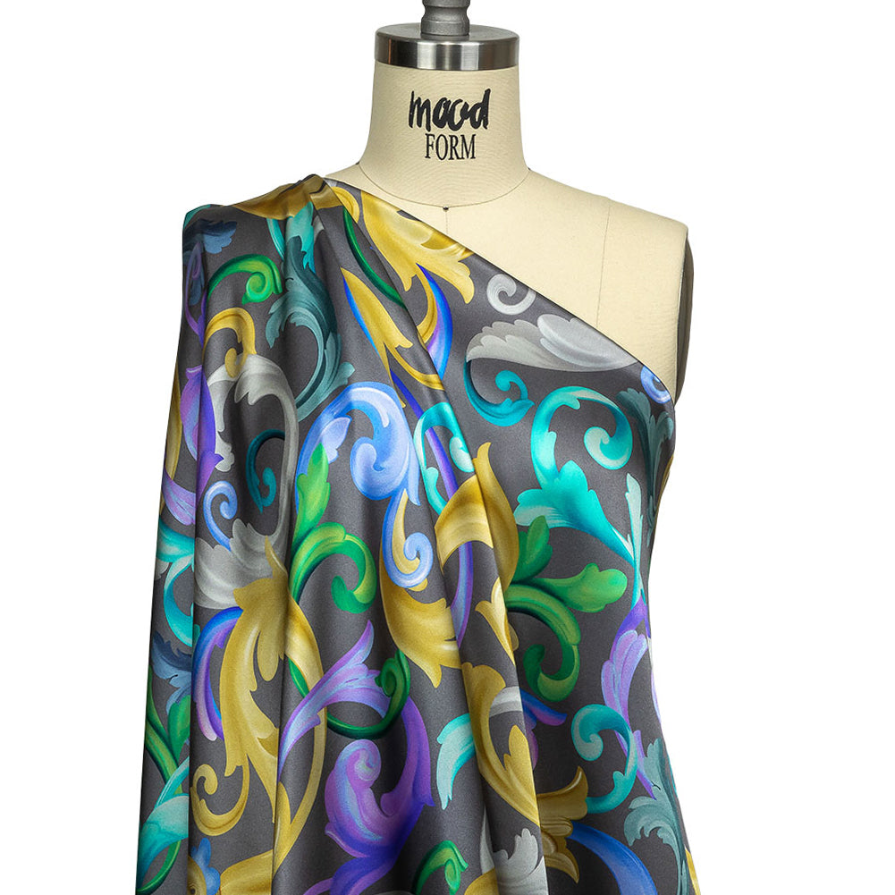 Mood Exclusive Italian Charcoal, Gold and Bougainvillea Ornate Swirls Silk Charmeuse - Drape
