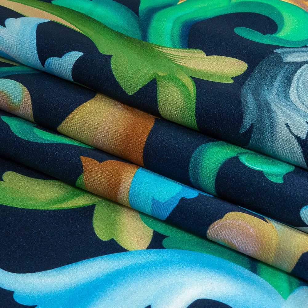 Mood Exclusive Italian Navy, Gold and Blue Ornate Swirls Silk Charmeuse - Folded