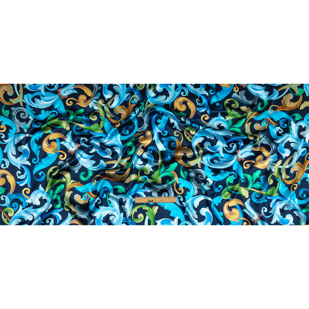 Mood Exclusive Italian Navy, Gold and Blue Ornate Swirls Silk Charmeuse - Full