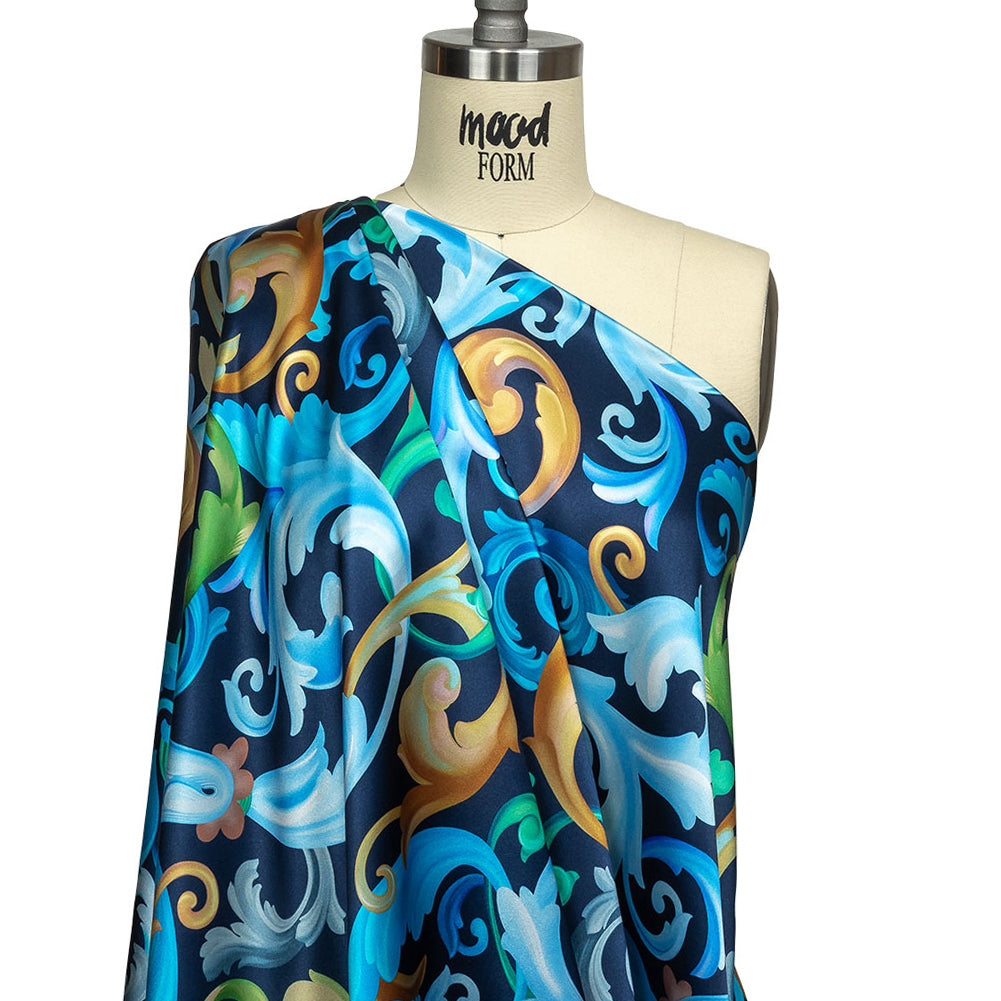Mood Exclusive Italian Navy, Gold and Blue Ornate Swirls Silk Charmeuse - Drape