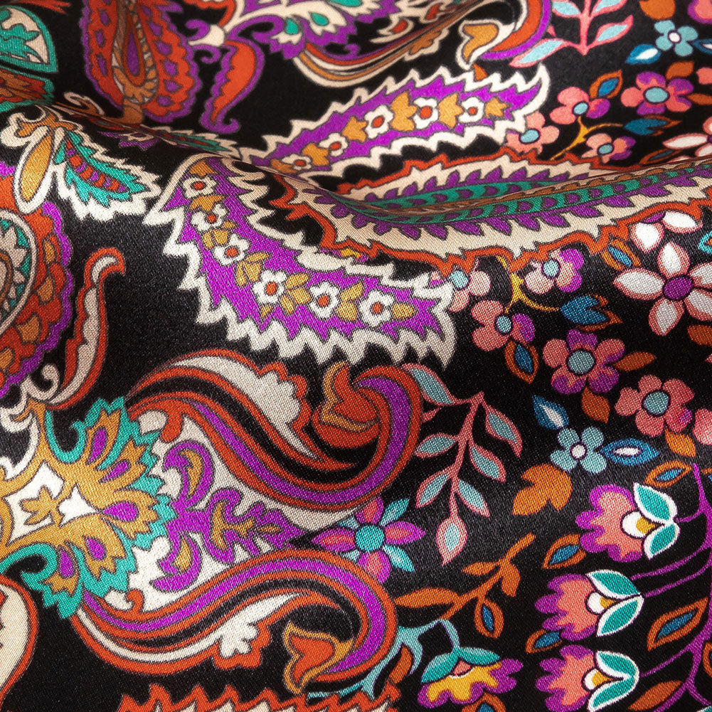 Mood Exclusive Italian Red, Green and Pink Medallion Silk Charmeuse Panel - Detail
