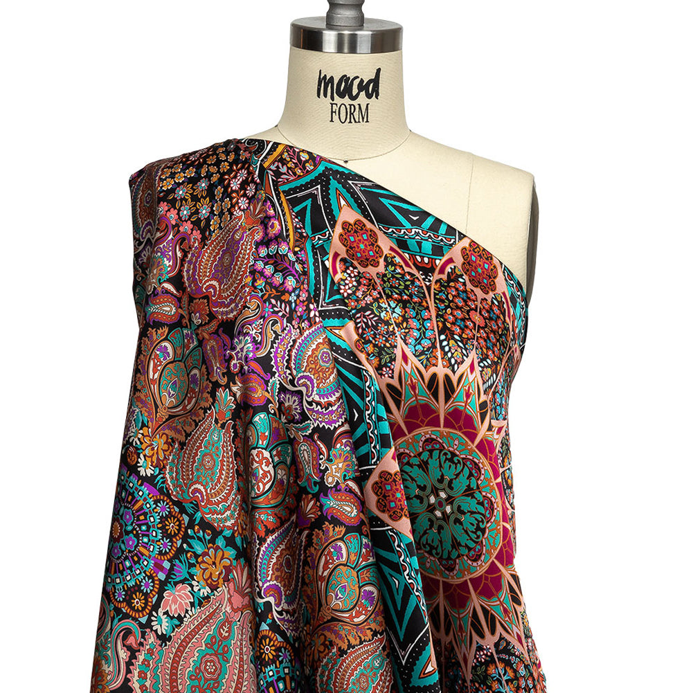 Mood Exclusive Italian Red, Green and Pink Medallion Silk Charmeuse Panel - Drape