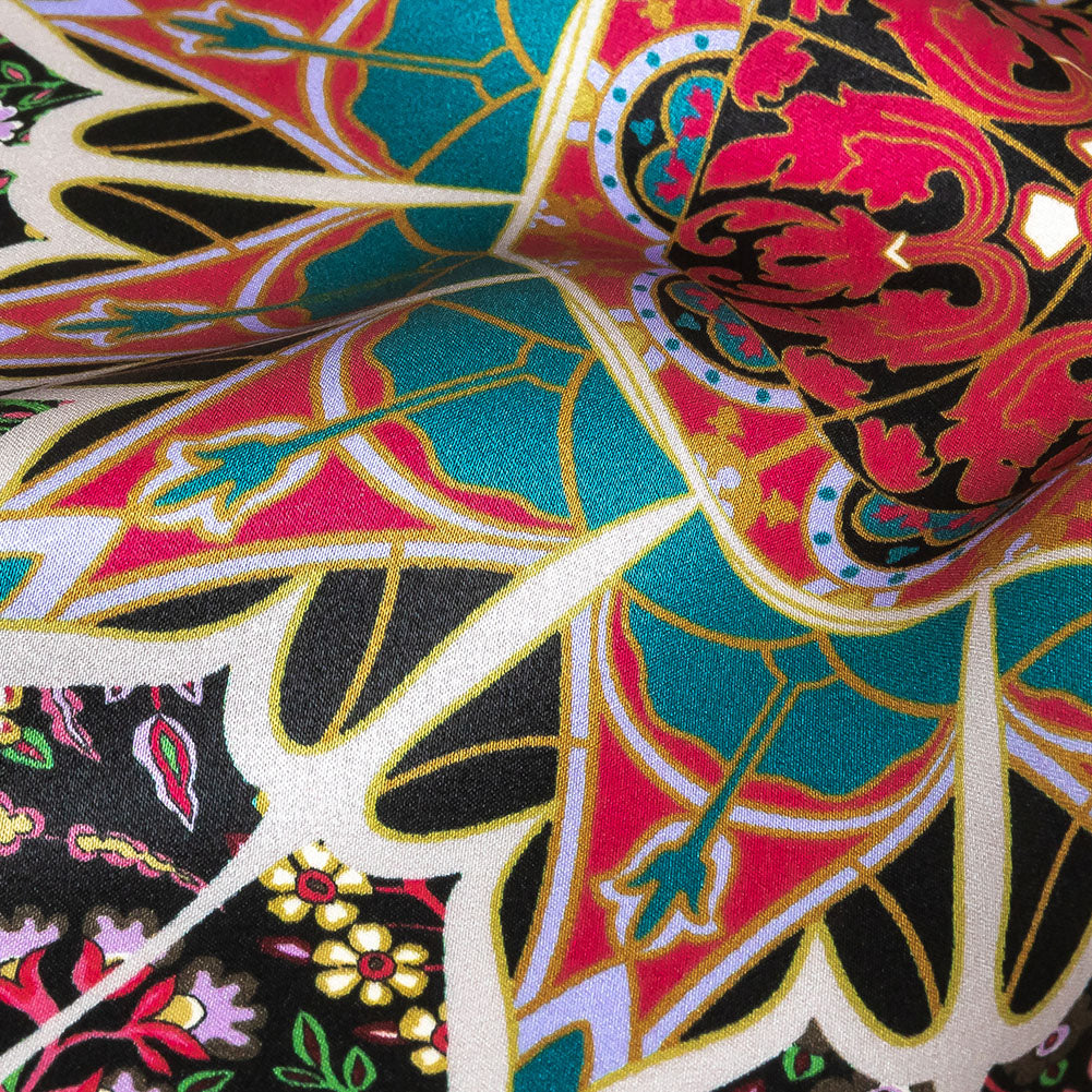 Mood Exclusive Italian Purple, Pink and Teal Medallion Silk Charmeuse Panel - Detail