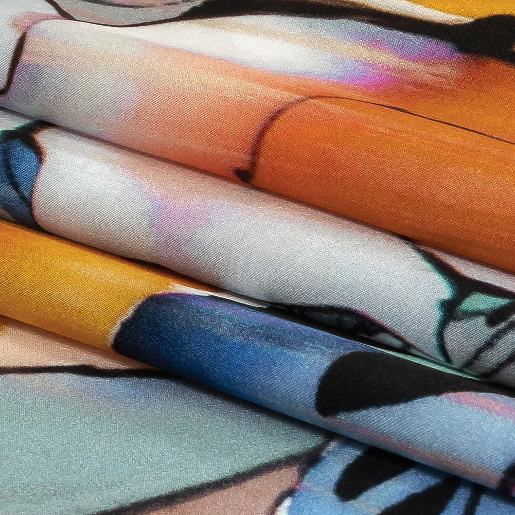 Mood Exclusive Italian Blue Gray, Harvest Pumpkin and Yellow Outlined Florals Silk Charmeuse - Folded