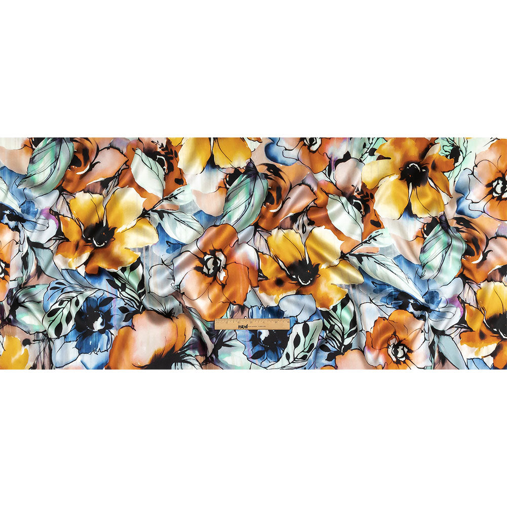 Mood Exclusive Italian Blue Gray, Harvest Pumpkin and Yellow Outlined Florals Silk Charmeuse - Full